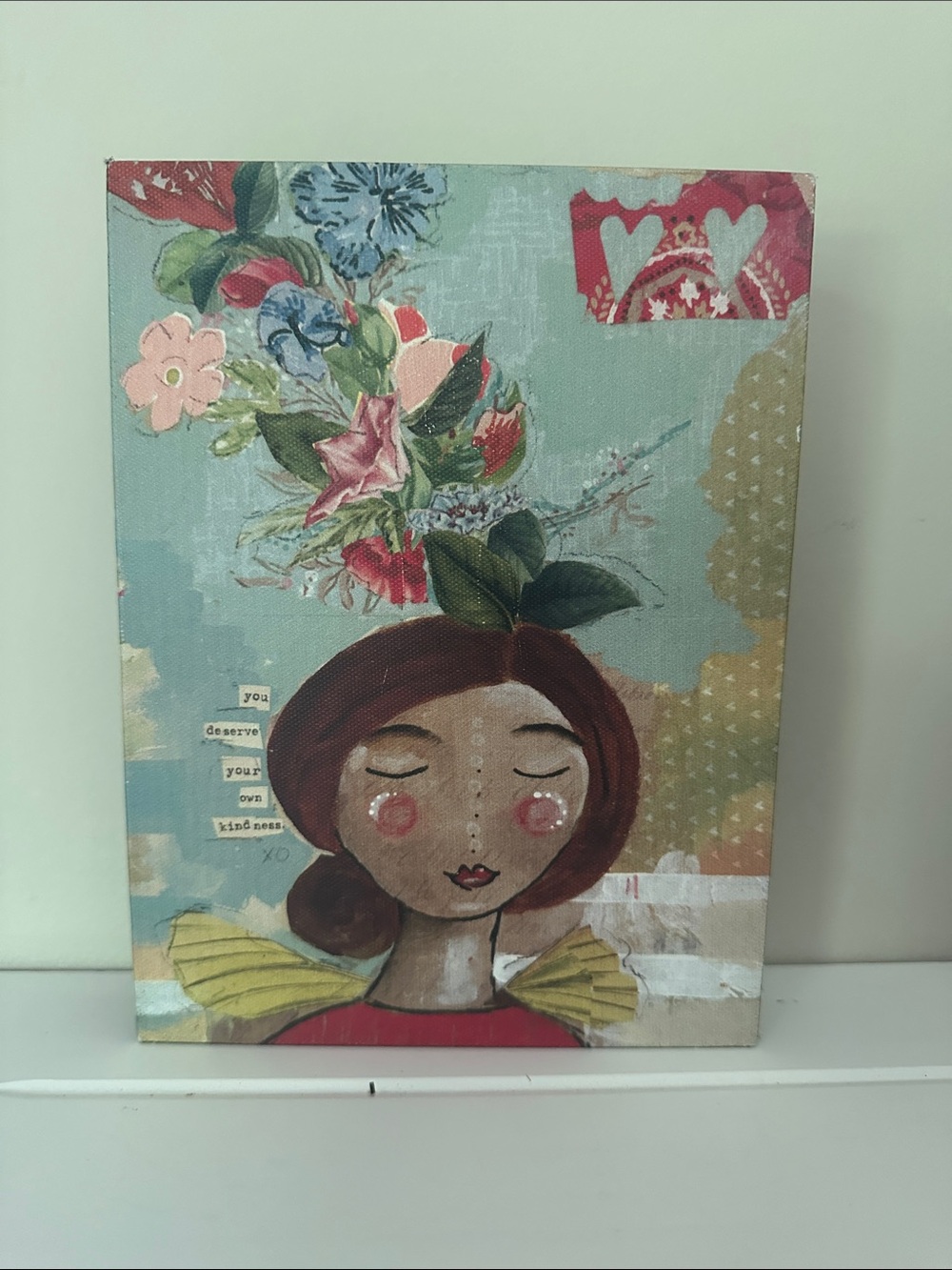 Mixed Media Girl with Floral Crown Wall Art - Blue, Red, Green